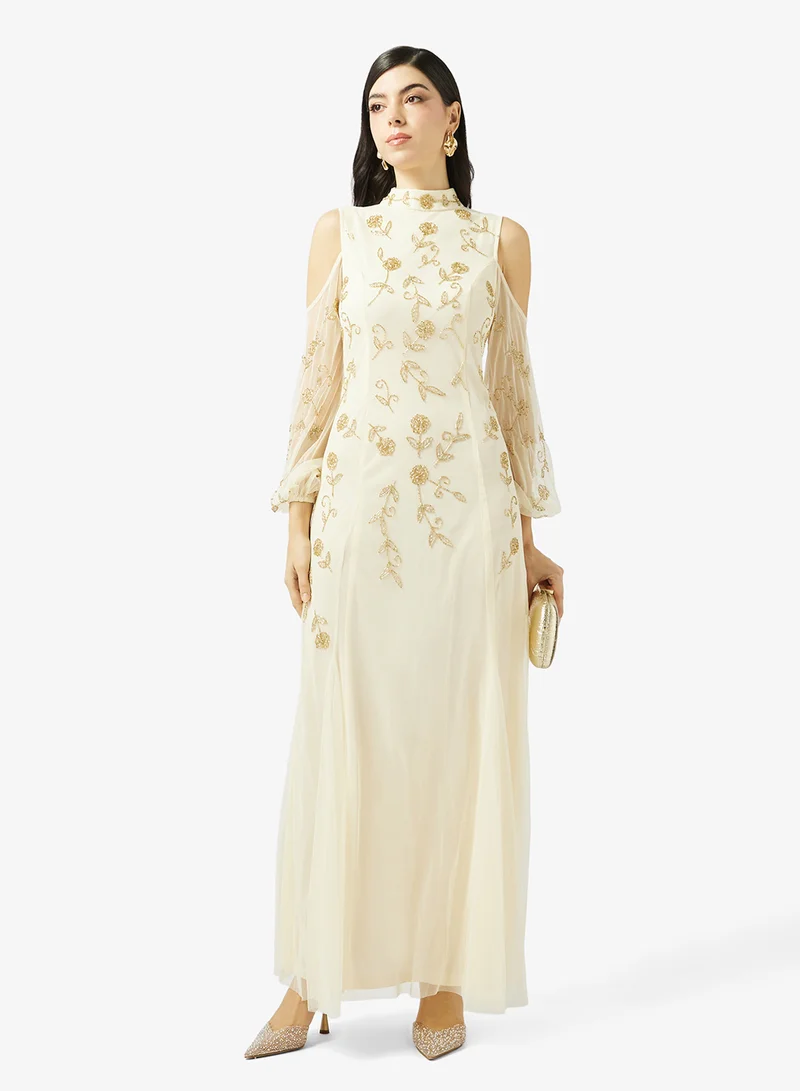 Frock and Frill Embroidered Crew Neck Cold Shoulder Maxi Dress